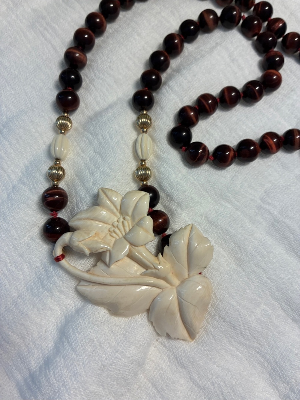 Red Tiger’s Eye and Carved Bone Necklace
